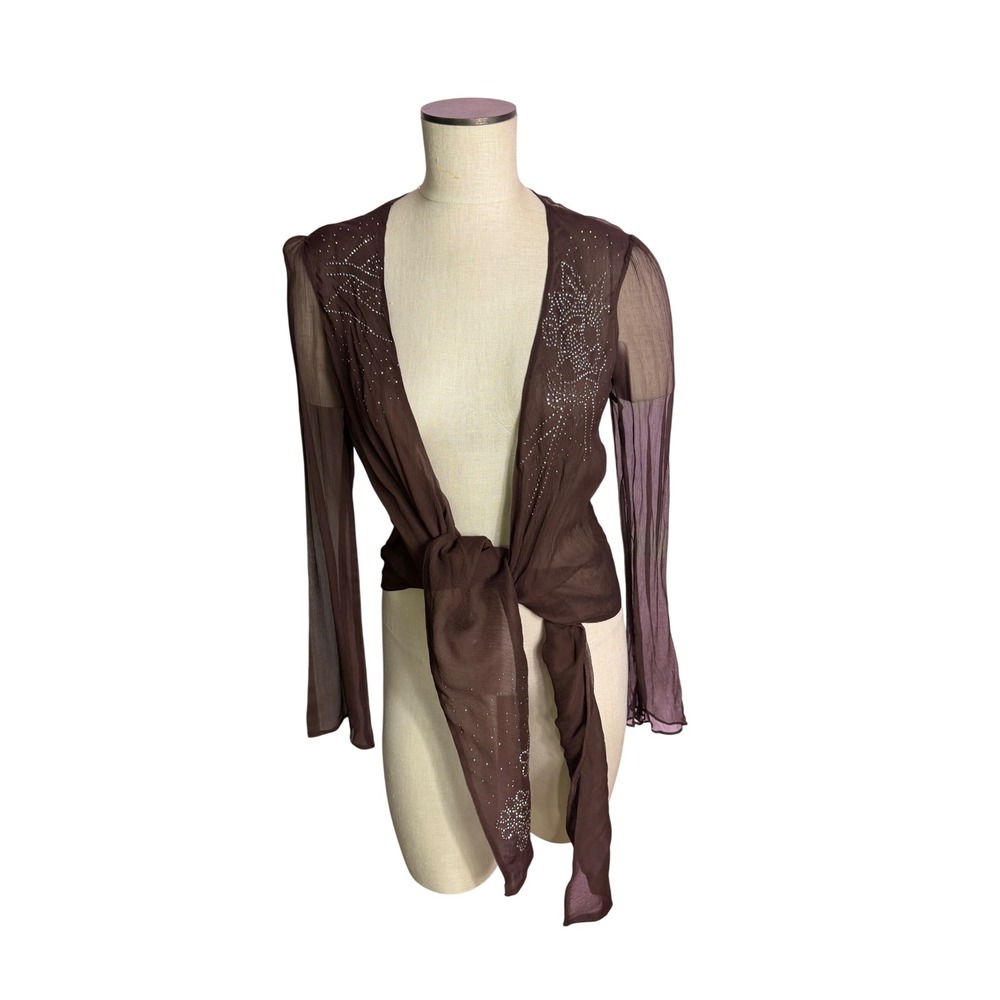 Silk Wrap Top M Brown Rhinestone Sheer Tie Front Long Bell Sleeve 5162 RN110572 - Picture 1 of 8